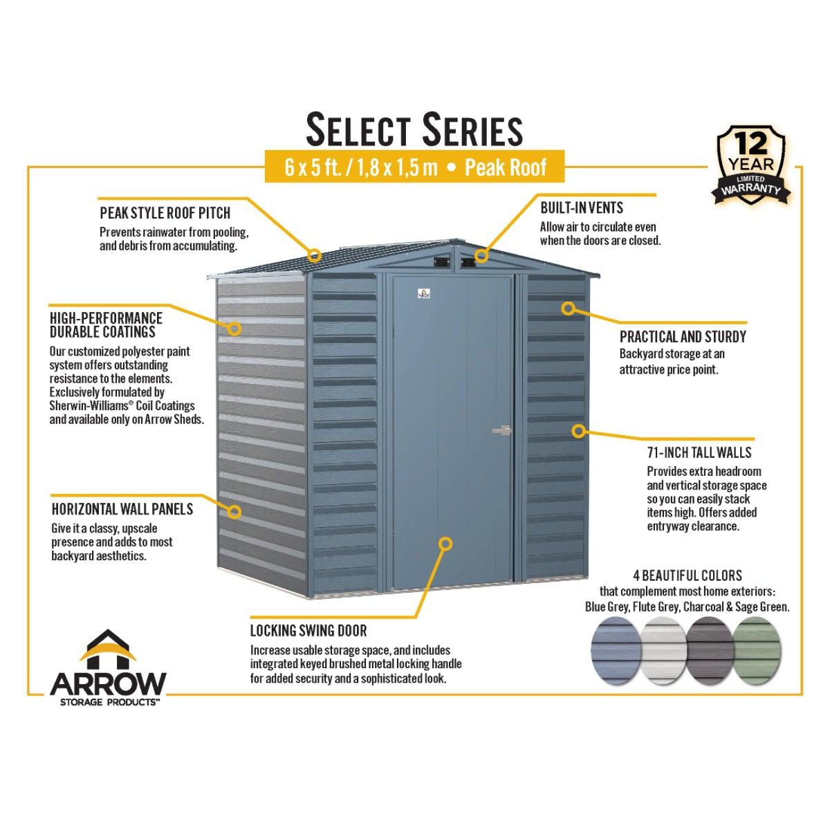 Arrow Select Steel Storage Shed 6 x 5 ft. - Delightful Yard