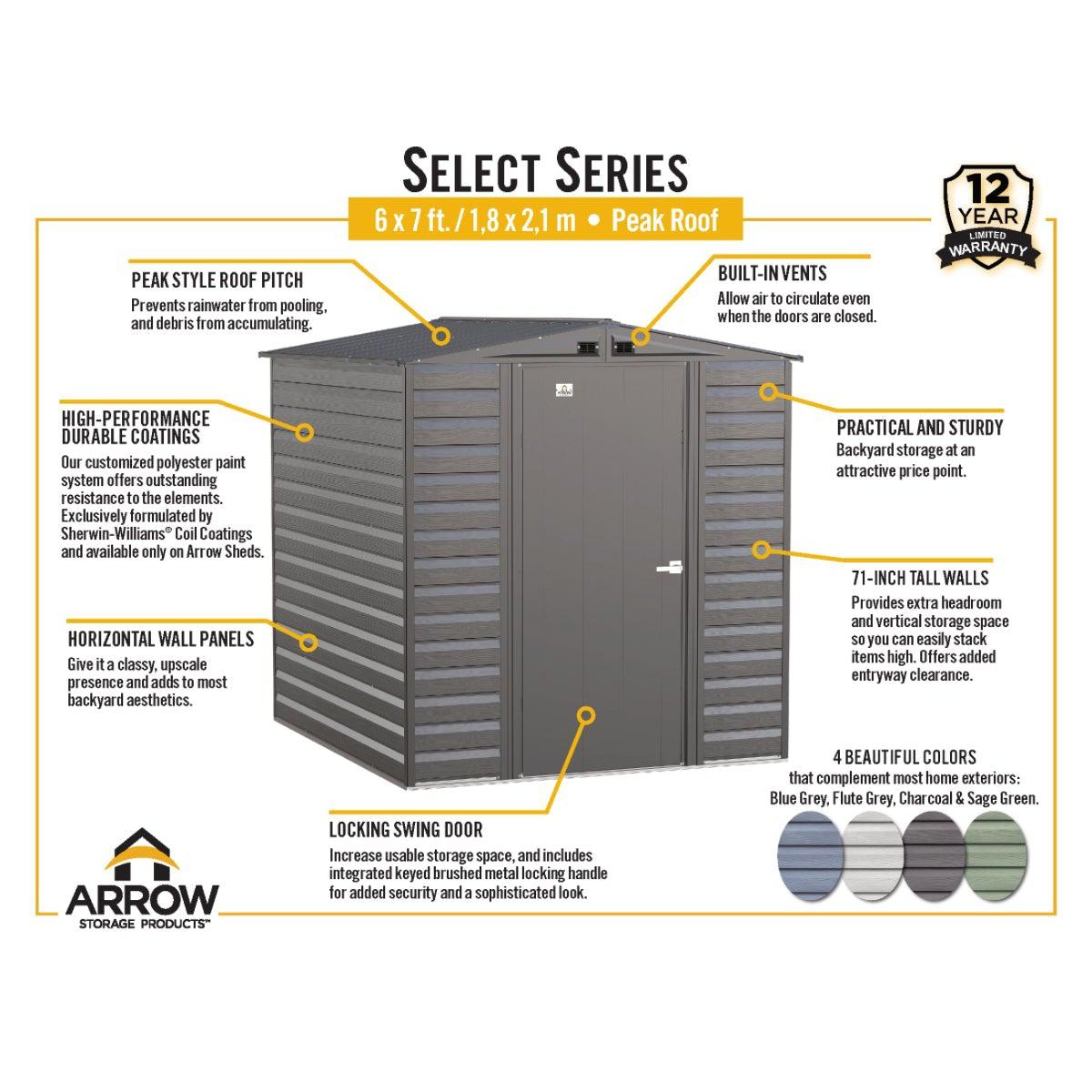 Arrow Select Steel Storage Shed 6 x 7 ft. - Delightful Yard