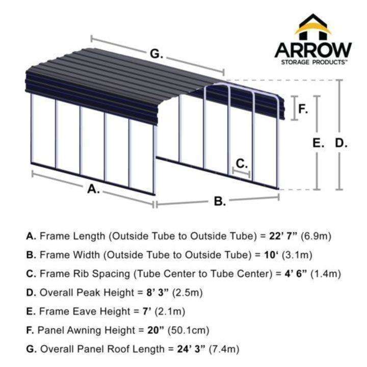 Arrow Steel Carport Canopy 10 x 24 x 7 ft. - Delightful Yard