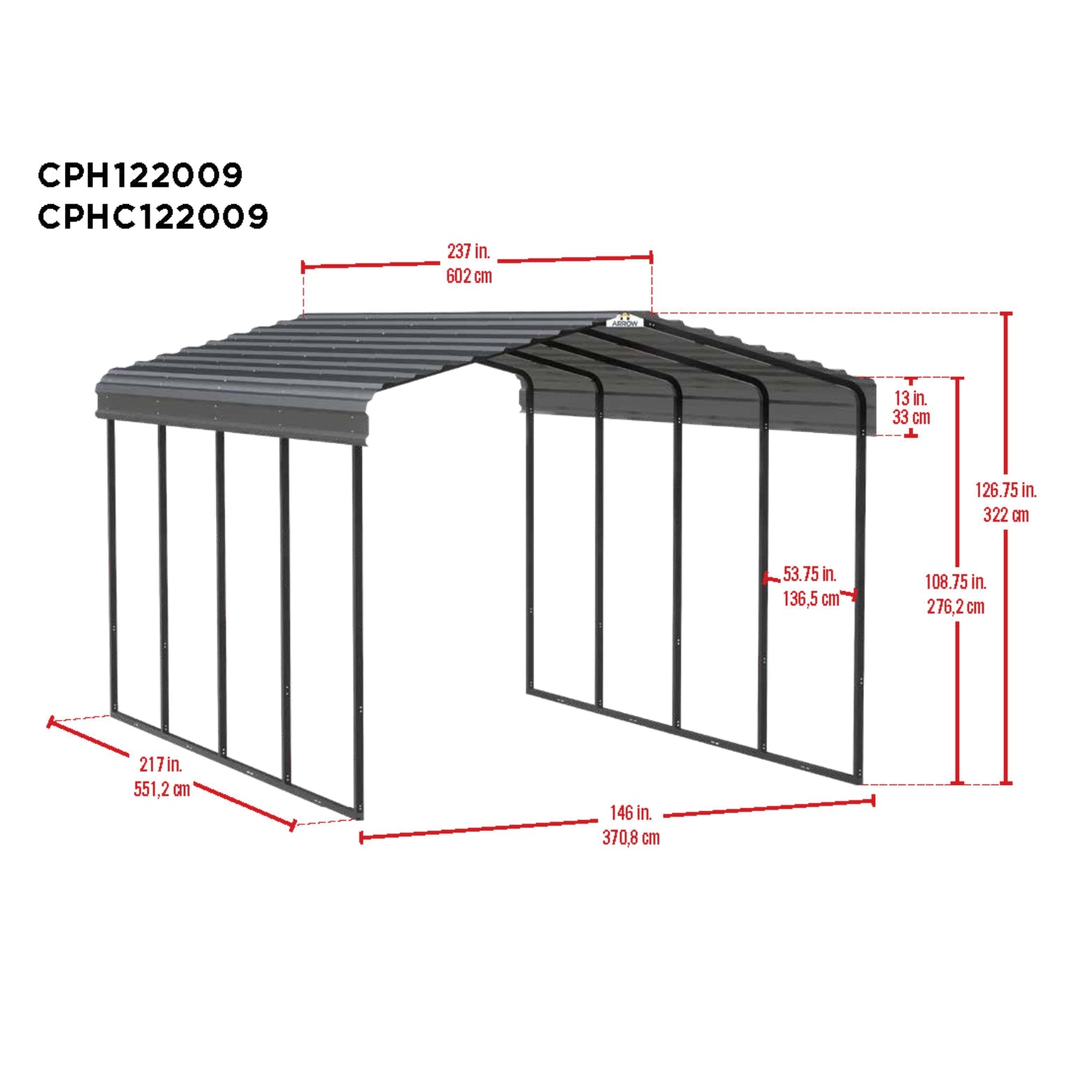 Arrow Steel Carport Canopy 12 x 20 x 9 ft.-Delightful Yard