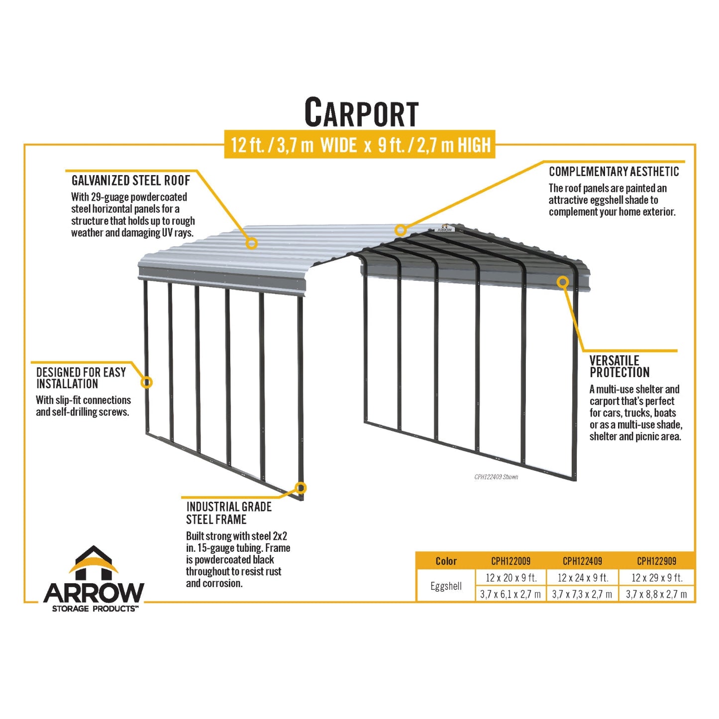 Arrow Steel Carport Canopy 12 x 20 x 9 ft.-Delightful Yard