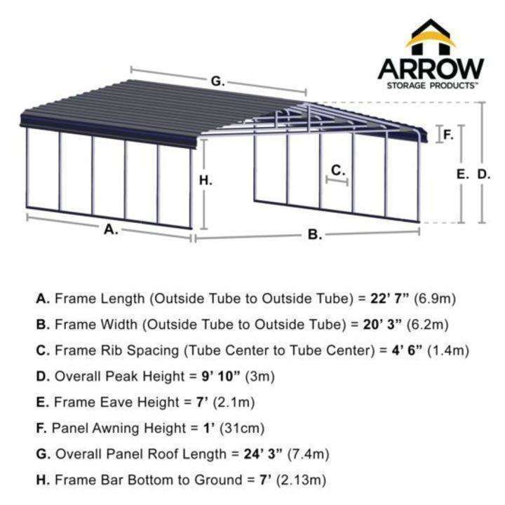 Arrow Steel Carport Canopy 20 x 24 x 7 ft. - Delightful Yard