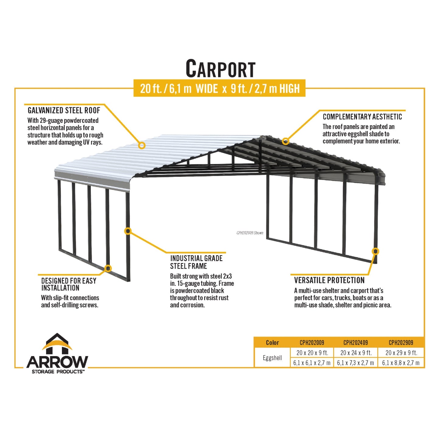 Arrow Steel Carport Canopy 20 x 24 x 9 ft.-Delightful Yard