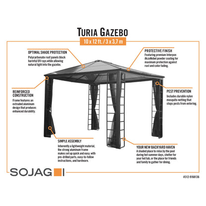 Turia Steel Polycarbonate Gazebo 10 x 12 ft | Sojag-Delightful Yard