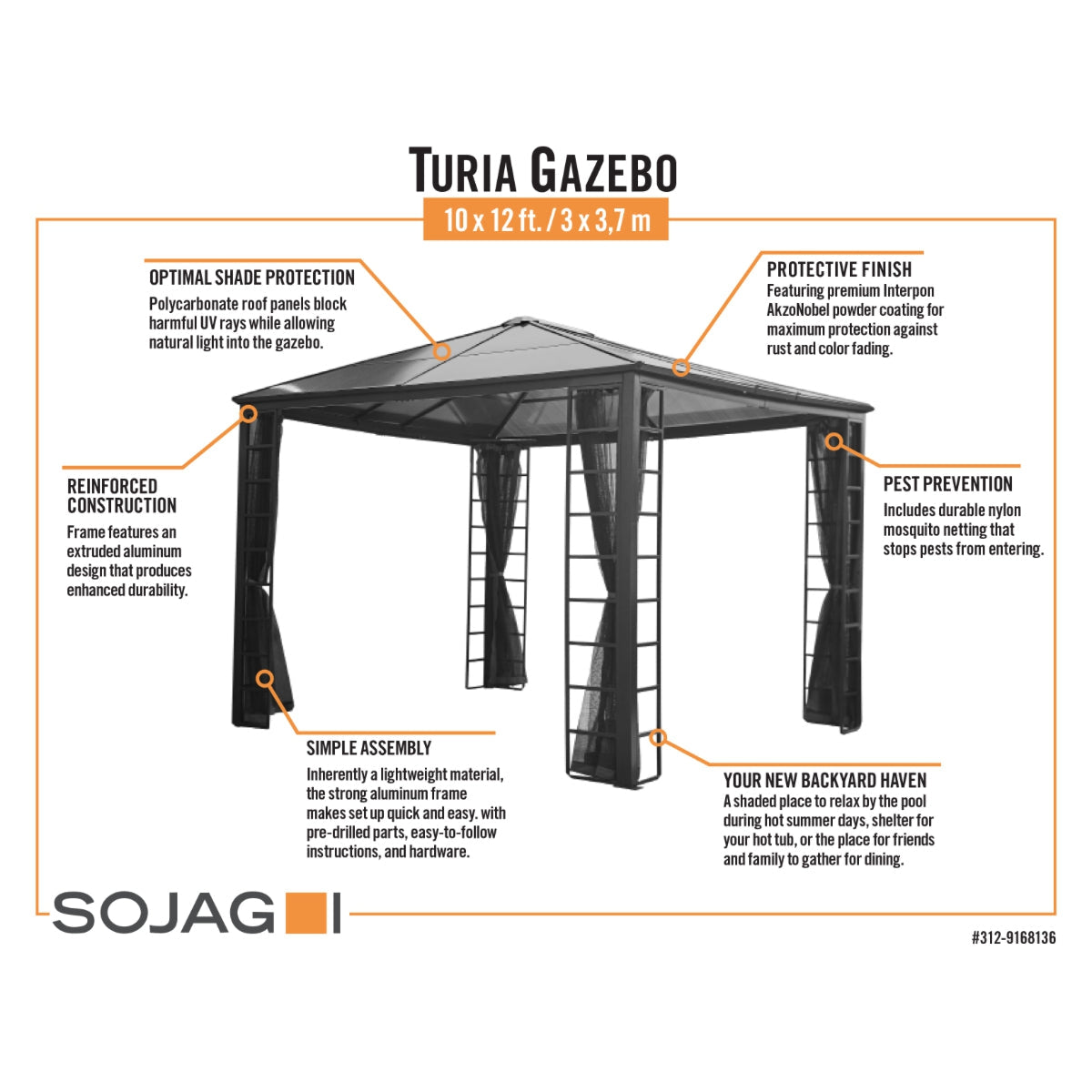 Turia Steel Polycarbonate Gazebo 10 x 12 ft | Sojag-Delightful Yard